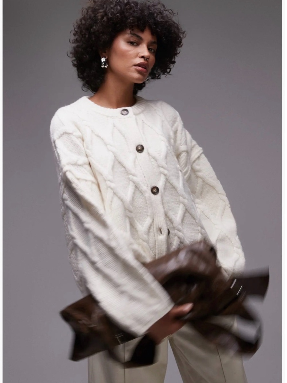 NWT Topshop Cream Cable Knit Cardigan Sweater Crewneck Chunky Cozy Size M